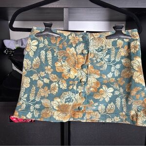 Free People Teal and Gold Floral Button Mini Skirt